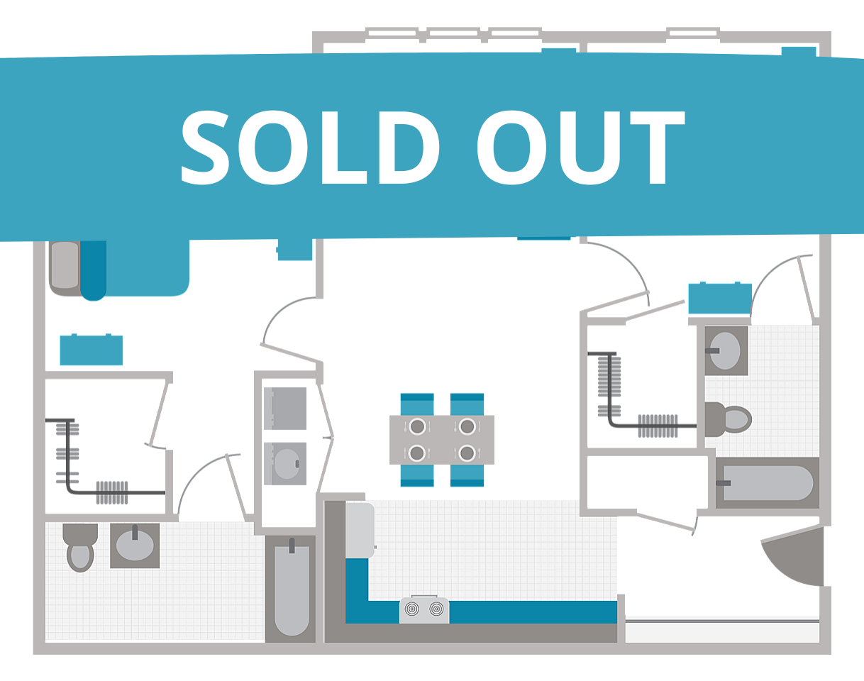 A 3D image of the 2BR/2BA floorplan, a 828 squarefoot, 2 bed / 2 bath unit